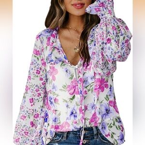 Floral V-Neck Blouse with Long Sleeves NWOT